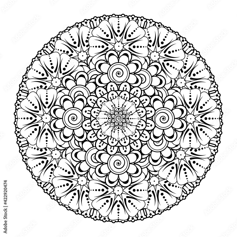 Circular pattern in the form of mandala with flower for henna, mehndi, tattoo, decoration. decorative ornament in ethnic oriental style. coloring book page. Circular pattern in the form of mandala with flower for henna, mehndi, tattoo, decoration. decorative ornament in ethnic oriental style. coloring book page.
