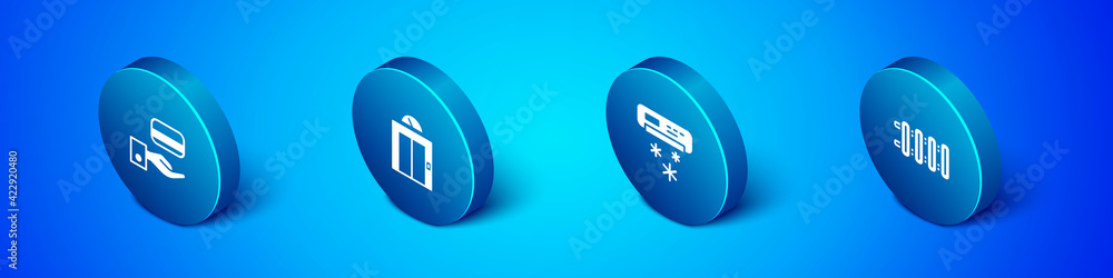 Set Isometric Digital door lock, Air conditioner, Heating radiator and Lift icon. Vector Set Isometric Digital door lock, Air conditioner, Heating radiator and Lift icon. Vector