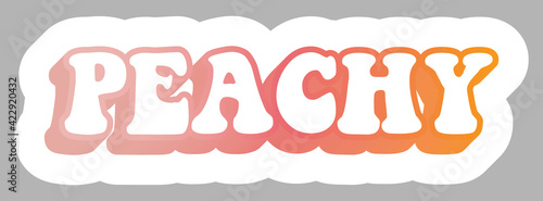 Peachy. Orange colorful Slogan, isolated on simple background. Sticker for stationery. Ready for printing. Trendy graphic design element. Retro font calligraphy in 60s funky style. Vector EPS 10. 