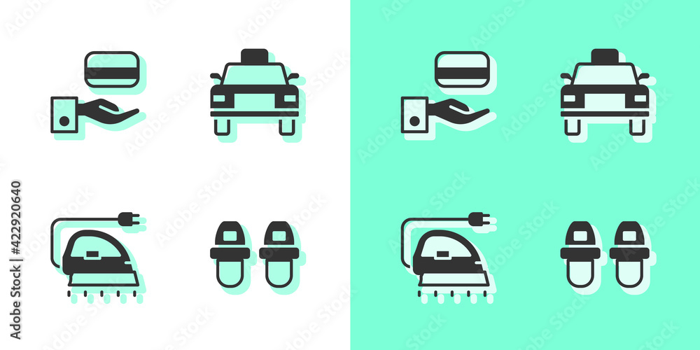 Set Hotel slippers, Digital door lock, Electric iron and Taxi car icon. Vector Set Hotel slippers, Digital door lock, Electric iron and Taxi car icon. Vector