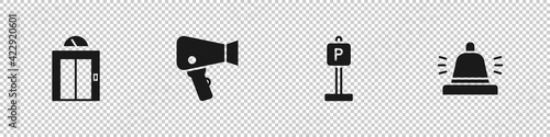 Set Lift, Hair dryer, Parking and Hotel service bell icon. Vector