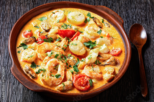 seafood saute in a bowl, top view