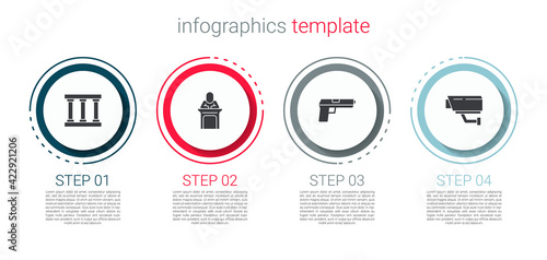 Set Prison window, Judge, Pistol or gun and Security camera. Business infographic template. Vector