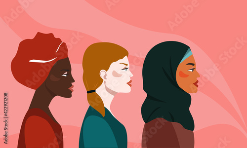 Women of different races, skin color and hair stand in profile, looking in one direction. The concept of feminism, female friendship, sisterhood, tolerance, equality. Vector graphics.