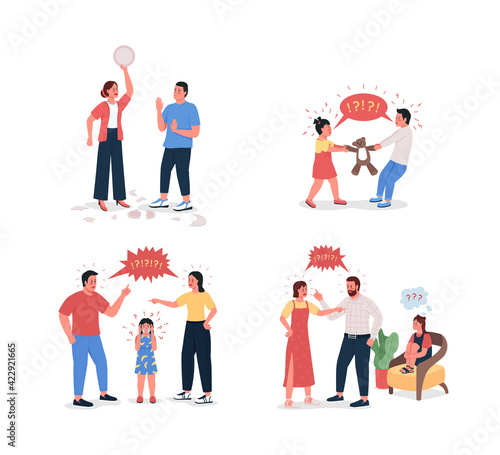 Family fighting flat color vector detailed character set. Wife scolding husband. Children arguing. Relationship problem isolated cartoon illustration for web graphic design and animation collection