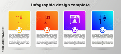 Set Train traffic light, Road signpost, Ticket office to buy tickets and station bell. Business infographic template. Vector