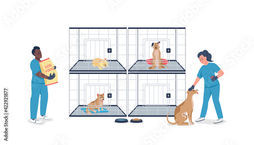 Veterinarian with dogs in cages flat color vector detailed characters. Man and woman feed puppies. Pet care organization isolated cartoon illustration for web graphic design and animation