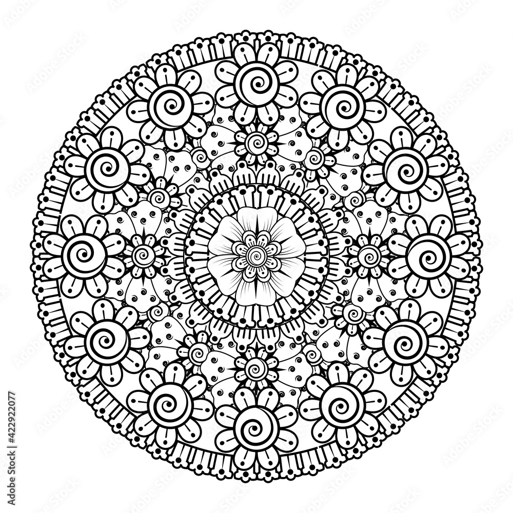 Circular pattern in the form of mandala with flower for henna, mehndi, tattoo, decoration. decorative ornament in ethnic oriental style. coloring book page.