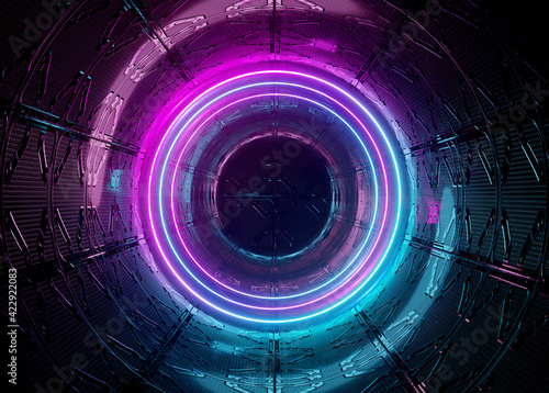 Neon style circle mockup in futuristic piping. Blue and pink modern hologram illuminated by lights in futuristic interior 3D rendering