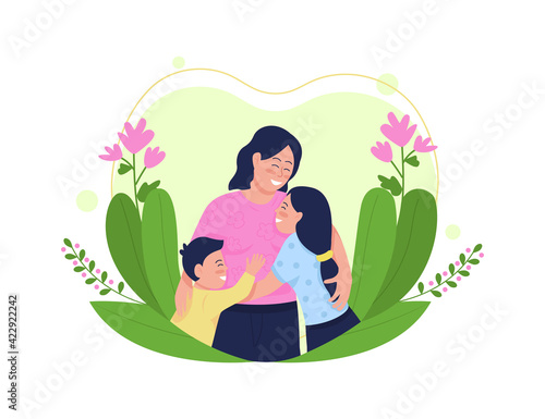 Happy mother with children flat concept vector illustration. Mommy hugging daughter and son. Smiling mom embracing kids 2D cartoon characters for web design. Mothers day creative idea