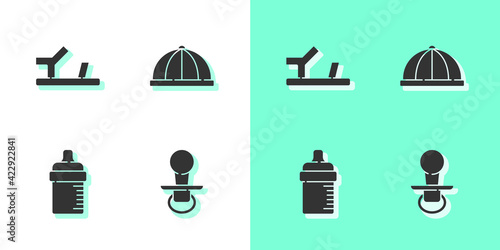 Set Baby dummy pacifier, shoes, bottle and hat icon. Vector
