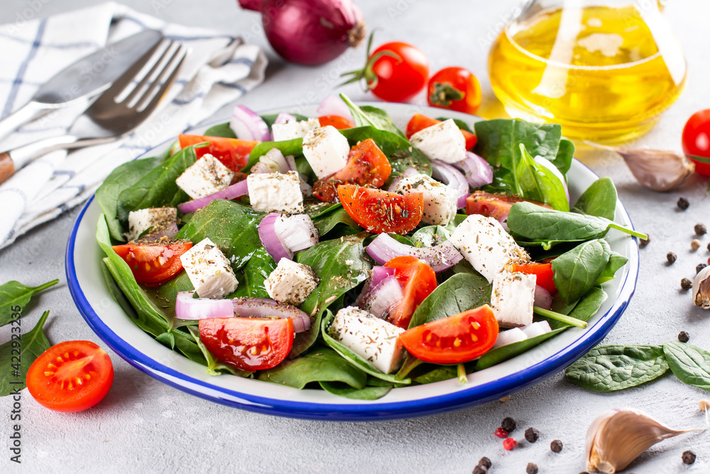 Fresh vegetables salad from spinach, tomato, feta cheese, onion in plate on a light background
