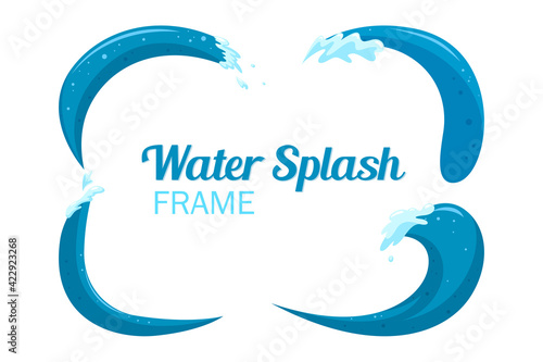 Splashing water frame. Curling waves corners. Vector illustration isolated in white background