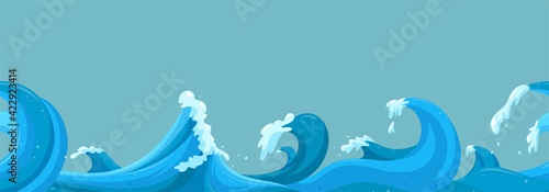 Seascape seamless horizontal pattern with waves. Stormy water surface. Cartoon vector illustration in turquoise background