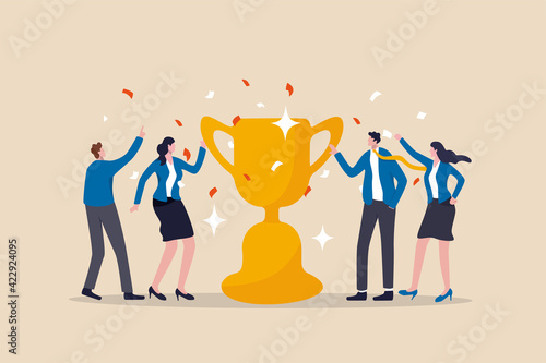 Team success recognition, reward for teamwork to achieve business goal, victory for coworkers to complete work mission concept, happiness success businessmen and women team holding winning trophy cup.