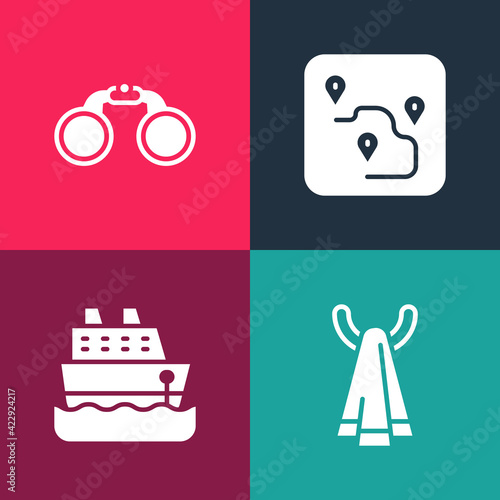 Set pop art Towel on a hanger, Cruise ship, Route location and Binoculars icon. Vector