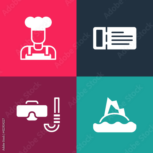 Set pop art Tropical island in ocean, Diving mask snorkel, Cruise ticket and Cook icon. Vector