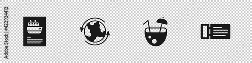 Set Cruise ship, Worldwide, Coconut cocktail and ticket icon. Vector