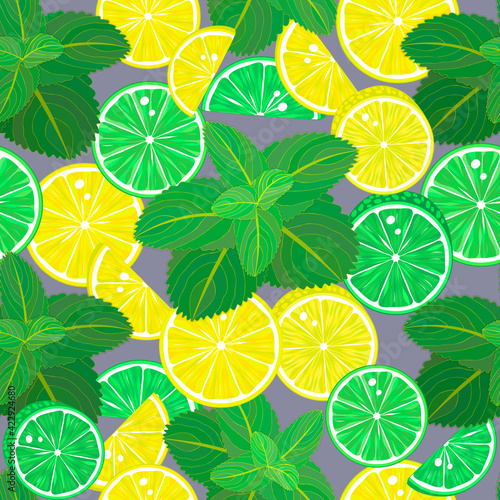 Seamless bright pattern with fresh juicy lemon and lime slices and mint leaves.Suitable for wrapping paper, fabric, cover and other users.Fruit summer background.Vector illustration.