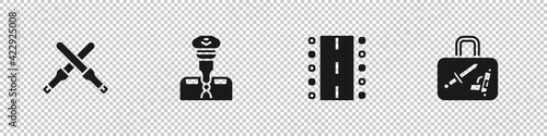 Set Marshalling wands, Pilot, Airport runway and Suitcase icon. Vector