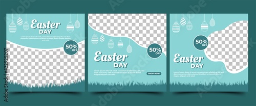 Easter social media post template. Modern banner design with egg illustration and place for the photo. Suitable for social media, flyers, cards. and website.