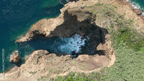 Horta, Faial Island, Azores, Portugal. A great monumental richness of nature as seen from the iconic Monte de Guia. Beautiful view over the bay with foamy waves. High quality 4k footage photo