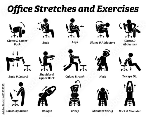 Working office stretches and exercises to relax tension muscle. Vector illustrations depict techniques and postures of a man stretching with an office chair at workplace.