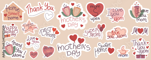 Mothers Day greetings in stickers. A modern postcard. Recognition to beloved mothers. Vector illustration with inscriptions, hearts, flowers and gifts