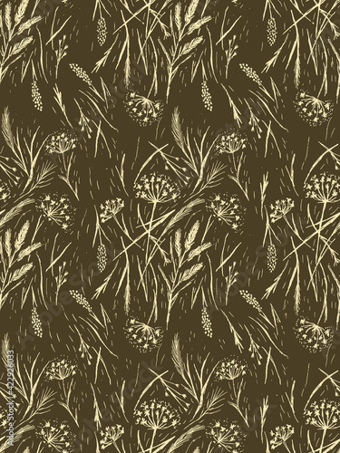 Wild grasses seamless pattern. Grass silhouettes  cereal plants