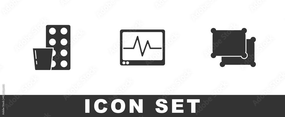 Set Pills in blister pack, Monitor with cardiogram and Pillow icon. Vector