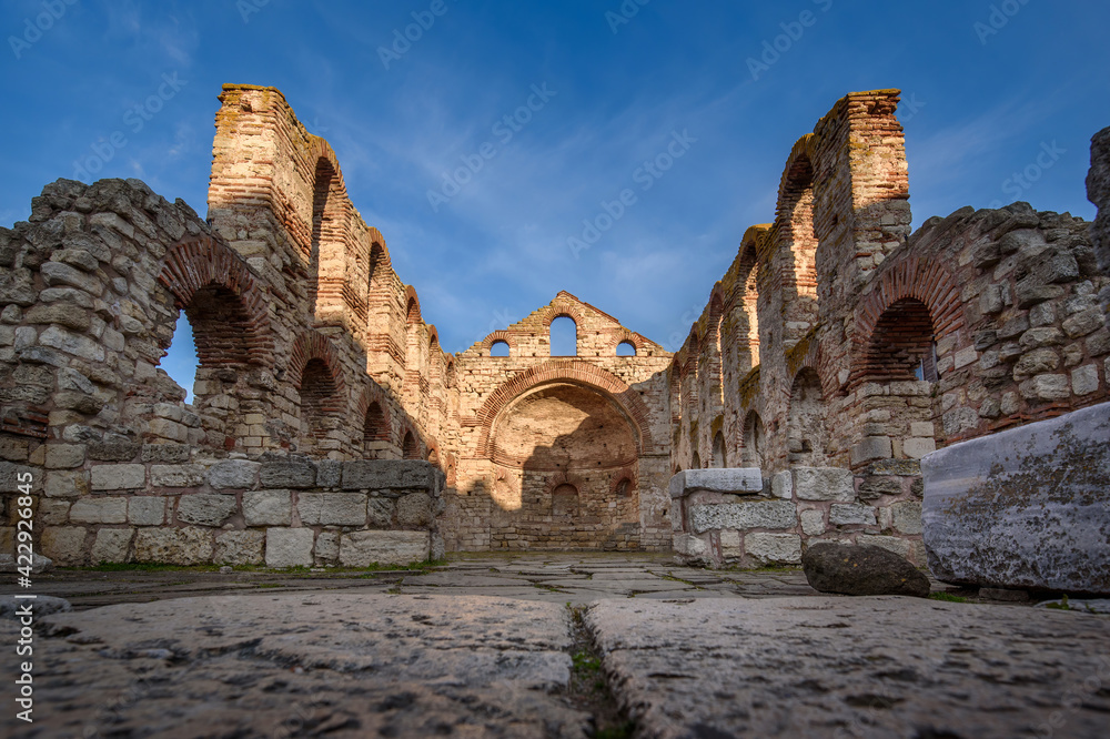 Ruins of byzantine Church of Saint Sophia in the old town of Nessebar, Burgas Region, Bulgaria. The Ancient City of Nesebar is a UNESCO World Heritage Site.