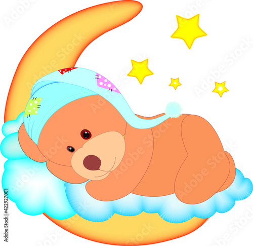 A teddy bear in a sleeping cap. Sweet dream. A soothing lullaby for the baby. Clouds, stars, and the moon