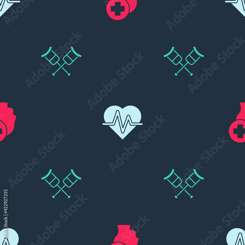 Set Male head with hospital, Heart rate and Crutch or crutches on seamless pattern. Vector photo