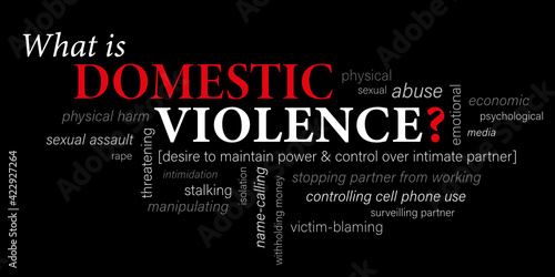 WHAT IS DOMESTIC VIOLENCE? vector word cloud on black background