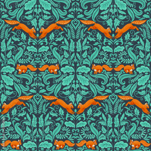 Seamless symmetrical pattern in the Damask style. Red jumping squirrels, an ornament of plants on a dark turquoise background.