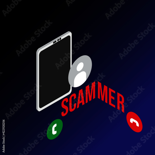 A left and right isometric vector of scammer phone call on dark background
