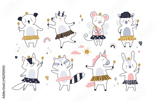 Set of cute fairy animals with magic wands in Scandi style. Childish Scandinavian fabulous characters in crowns and ballerina packs. Colored flat vector illustration isolated on white background