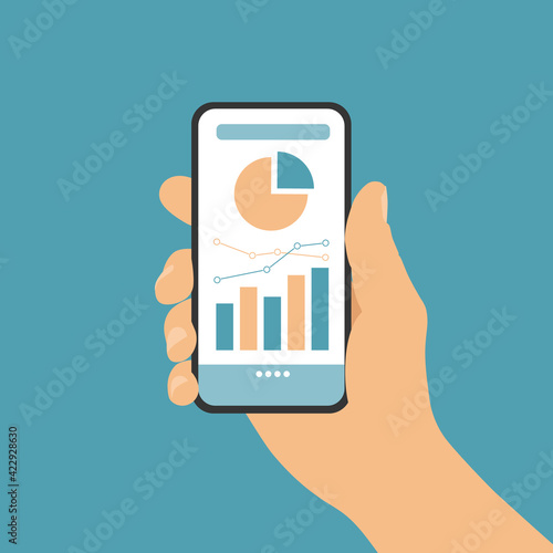 Flat design vector, hand holding mobile phone with white touch screen and financial chart, isolated on green background - suitable for infographics.