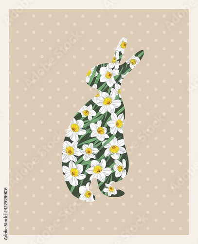 Silhouette of easter bunny with daffodil flowers on light background. Stock vector illustration for web, pint, wallpaper, backround, invitation and postcard.