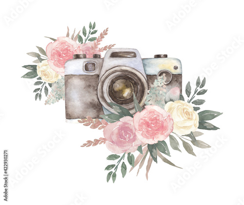 Watercolor vintage retro camera with boho flowers roses.