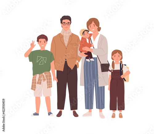 Portrait of happy family with parents and children isolated on white. Young father, mother, sons and daughter. Colored flat vector illustration of smiling husband, wife and kids standing together