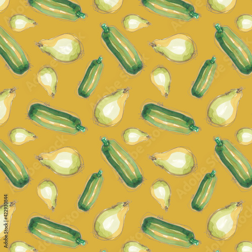 watercolor illustration seamless pattern,juicy garden pear and zucchini photo