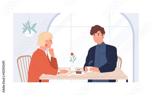 Couple of young man and woman sitting and talking in modern cafe on date. Meeting of two people for cup of coffee in cafeteria. Colored flat vector illustration isolated on white background