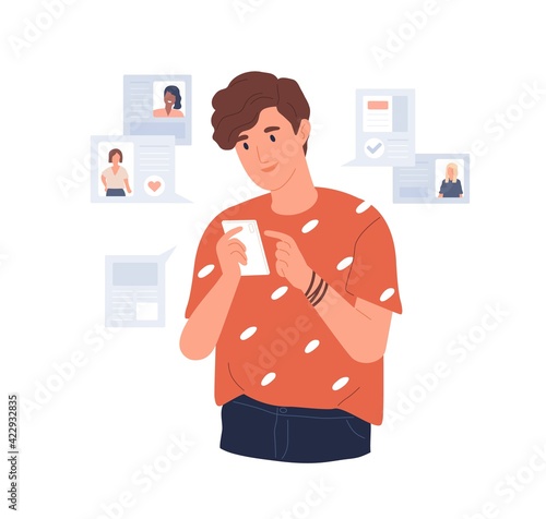 Young man looking for girlfriend through mobile phone dating app. Guy with smartphone chatting, flirting and liking online. Colored flat vector illustration isolated on white background
