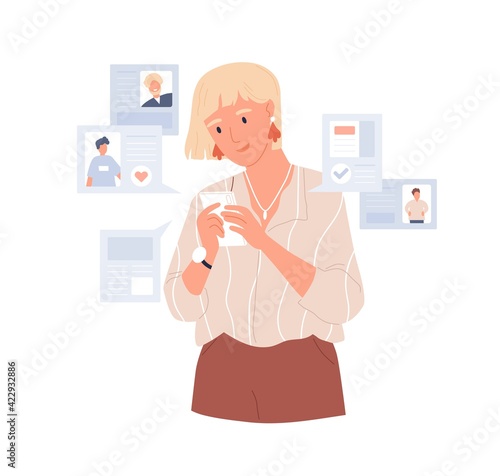 Young woman using dating app on mobile phone for finding boyfriend. Person with smartphone seeking for couple online. Colored flat vector illustration of date application isolated on white background