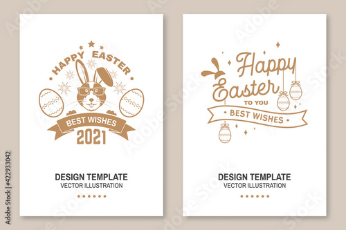 Happy Easter card  badge  logo  sign. Vector. Typography design with easter rabbit and hand eggs. Modern minimal style. For poster  greeting card  overlay  sticker. Easter Egg Hunt