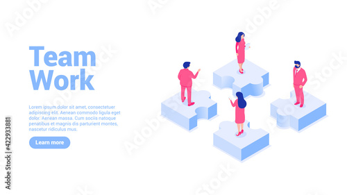 Teamwork concept. Landing page or web banner template. 3d illustration of people standing on a puzzle pieces. Modern isometric style. Isolated on white background.