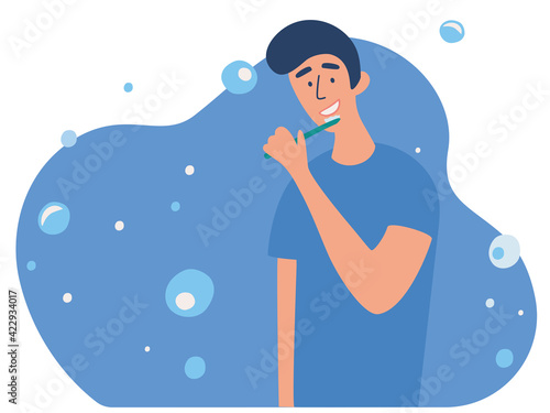 Young man brushing his teeth with toothbrush. Daily morning routine, oral or dental hygiene procedure. Teeth cleaning, healthy teeth. Flat cartoon vector illustration.