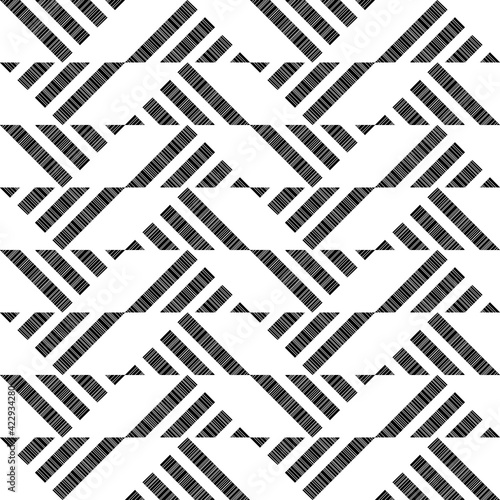 Mosaic with geometric shapes. Seamless pattern. Design with manual hatching. Textile. Ethnic boho ornament. Vector illustration for web design or print.