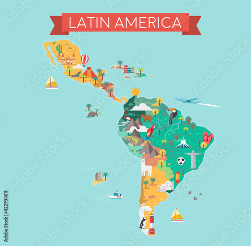 Latin America map. Tourist and travel landmarks